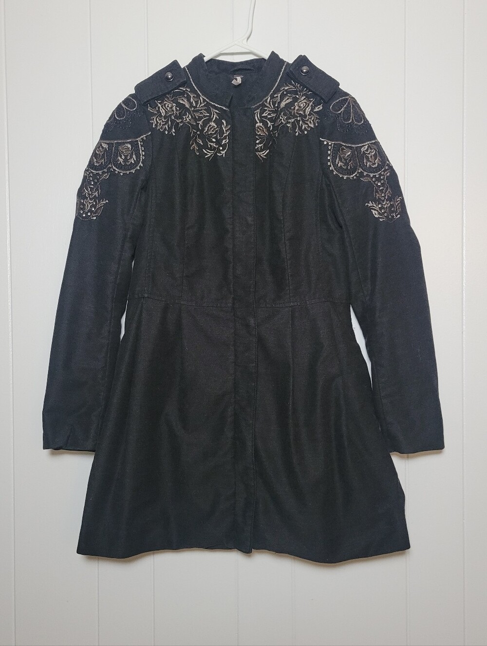 Free People Sergeant Coat Embroidered Charcoal Gray Military Zip Button Jacket 4 - Picture 6 of 16